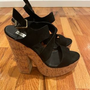Black suede platform wedge heels